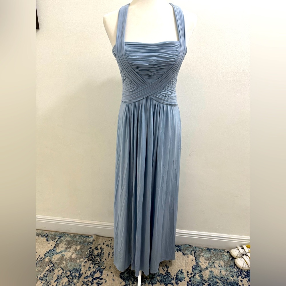 BCBG Maxazria Dusty Blue Gown Crossed Back EUC stretch/jersey Size M